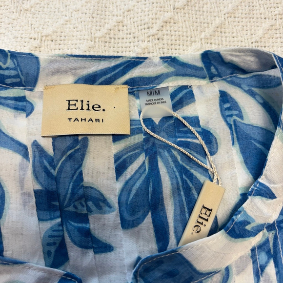NWT Ellie Tahari Blue & White Floral Boho Blouse with 3/4 Puff Sleeves Size M - Picture 6 of 9